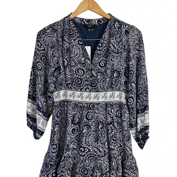 Aqua NEW Midi Dress Size XS Tiered Ruffle Cottagecore V Neck Paisley Floral Blue - Picture 3 of 7
